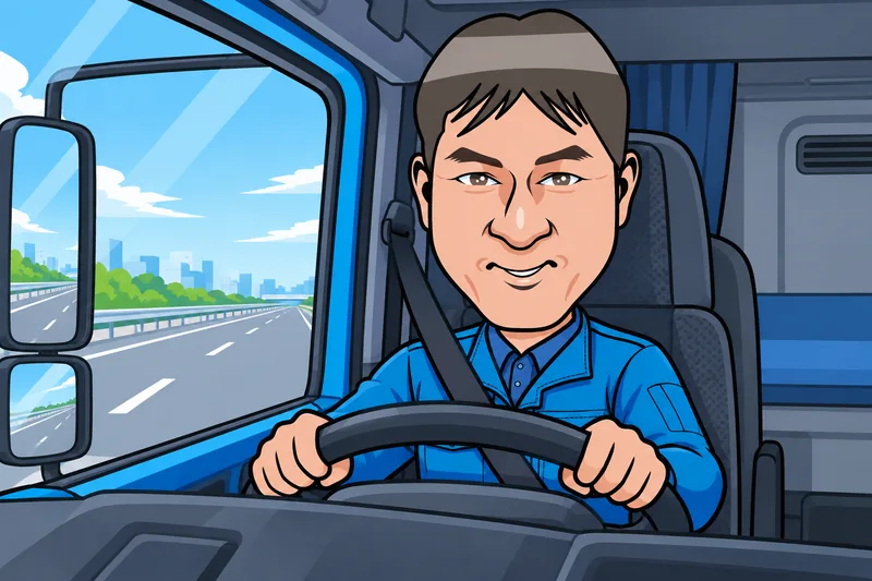 トラックの運転席でハンドルを握るK.Hのイメージイラスト