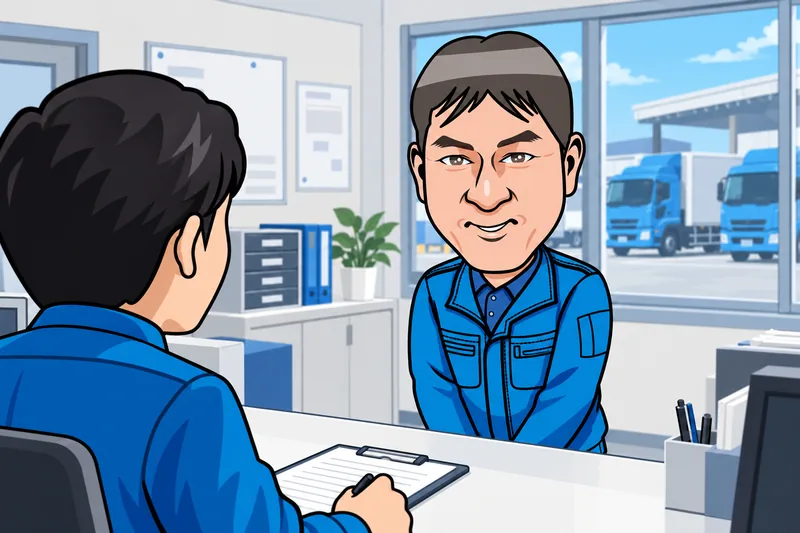 朝の点呼で配車係に報告するK.Hのイメージイラスト