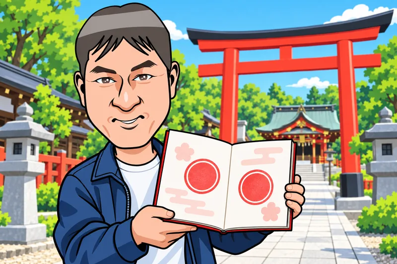 休日に神社で御朱印帳を手にするK.Hのイメージイラスト