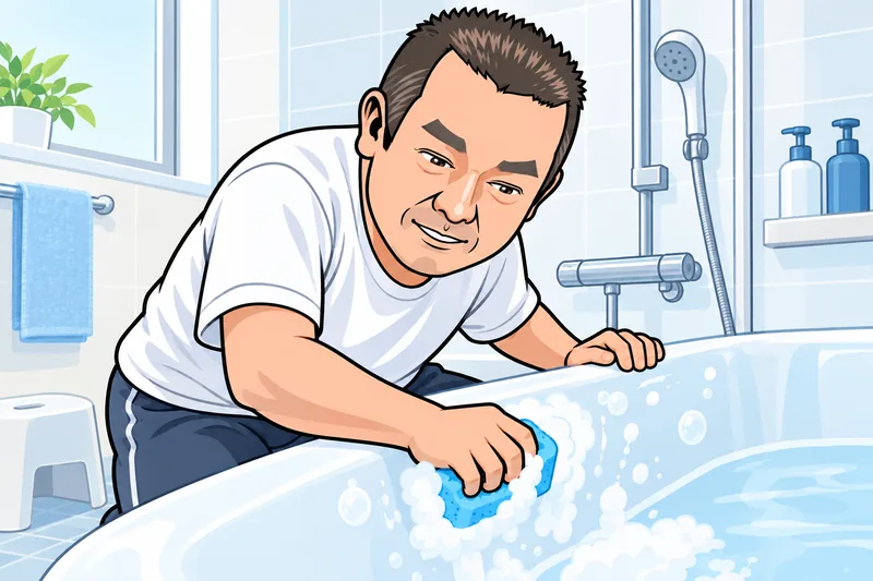 休日に自宅でお風呂掃除をするK.Kのイメージイラスト
