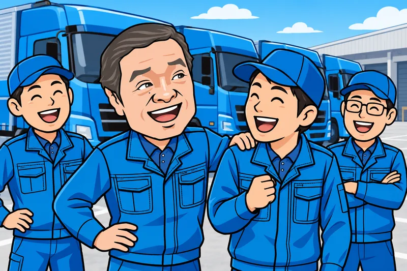 トラックの前で仲間と並ぶG.Kのイメージイラスト