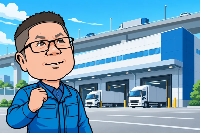 高速道路沿いの会社の建物を見上げるH.W.Sのイメージイラスト