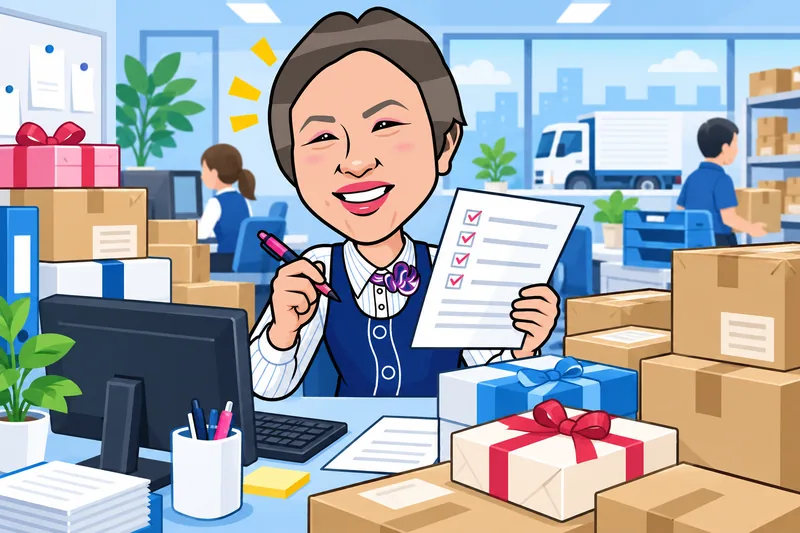 ギフト商品に囲まれて仕事をするK.Cのイメージイラスト
