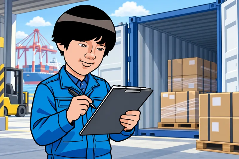 コンテナの横で書類を確認するH.Sのイメージイラスト