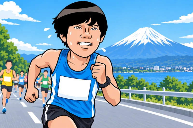 富士山を背にマラソンを走るH.Sのイメージイラスト