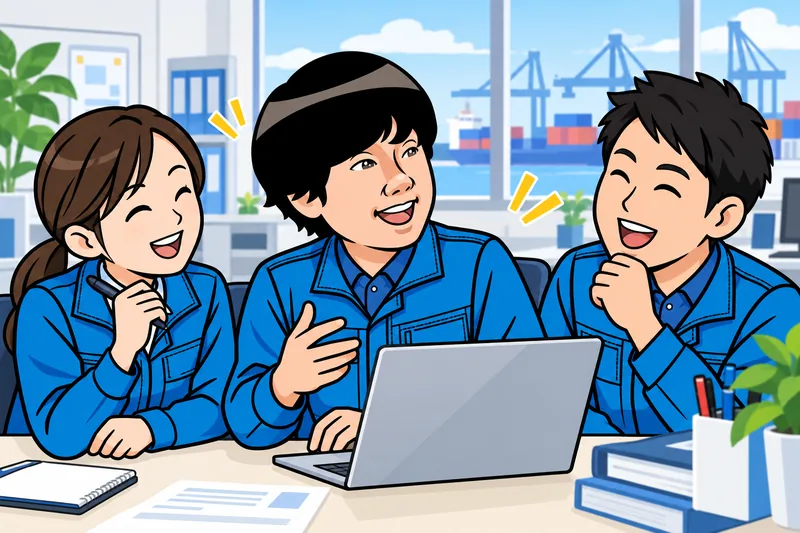 オフィスで同僚と笑顔で話すH.Sのイメージイラスト