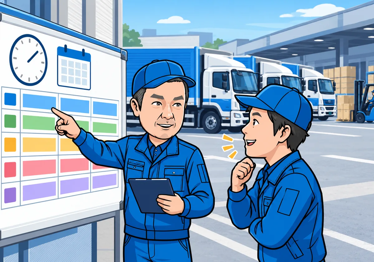 物流の配車を相談するドライバーと配車担当者のイラスト