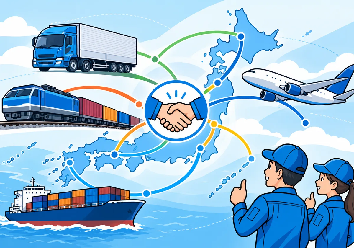 トラック・鉄道・船・飛行機が協力会社とつながる輸送ネットワークのイラスト