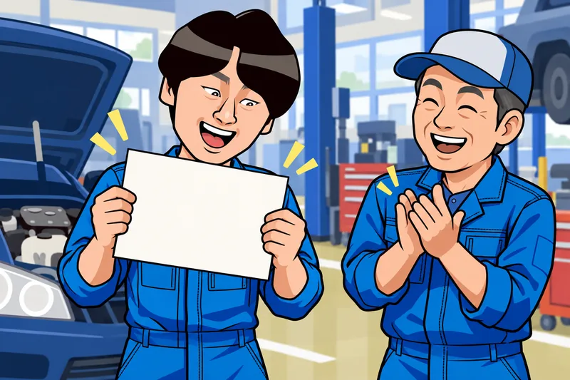 3級自動車整備士の資格取得を喜ぶN.Mのイメージイラスト