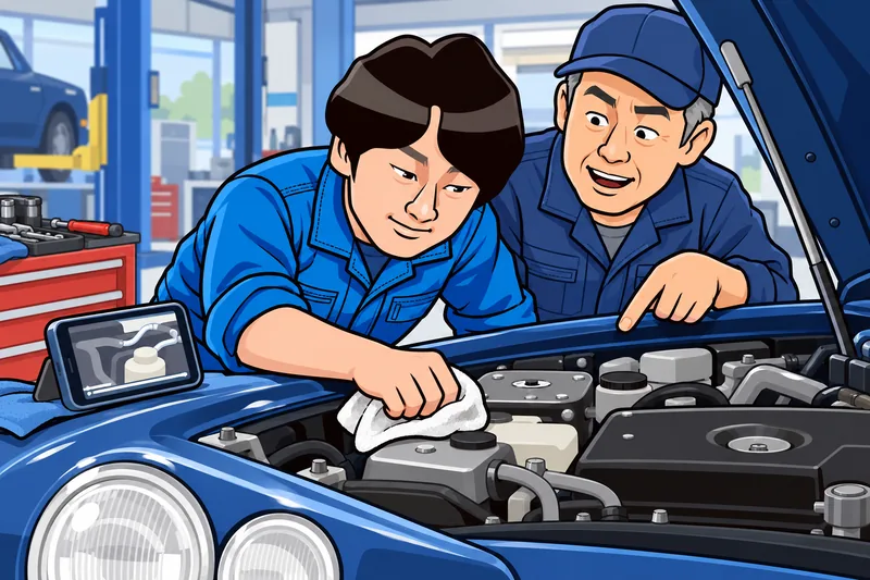 先輩のアドバイスを受けて旧車を修理するN.Mのイメージイラスト