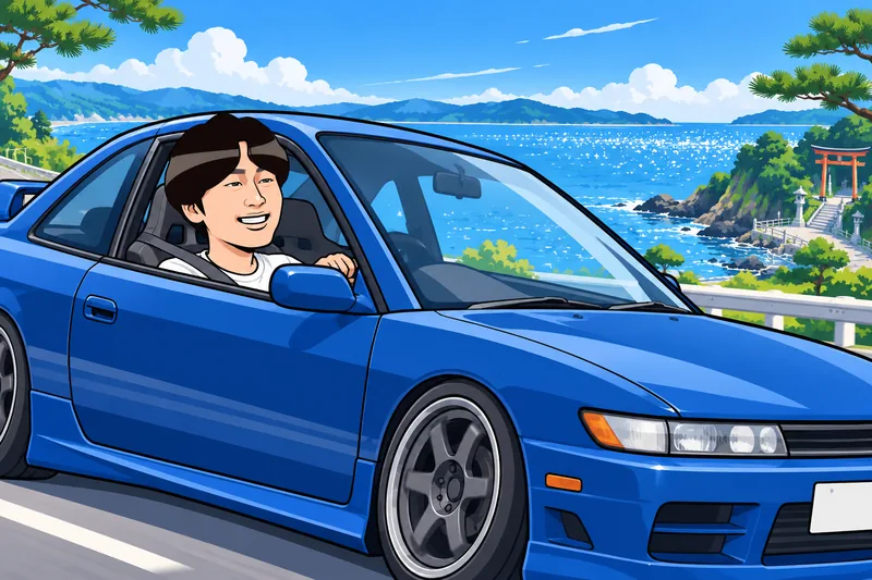 クルマ好きの休日、愛車のシルビアでドライブに出かけるN.Mのイメージイラスト