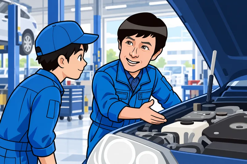 整備工場で後輩に声をかけるM.Jのイメージイラスト
