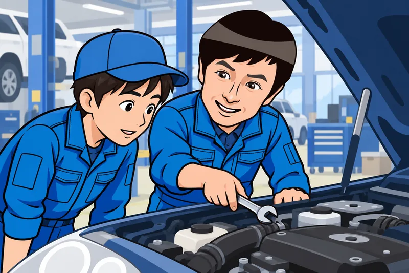 後輩に整備を教えるM.Jのイメージイラスト