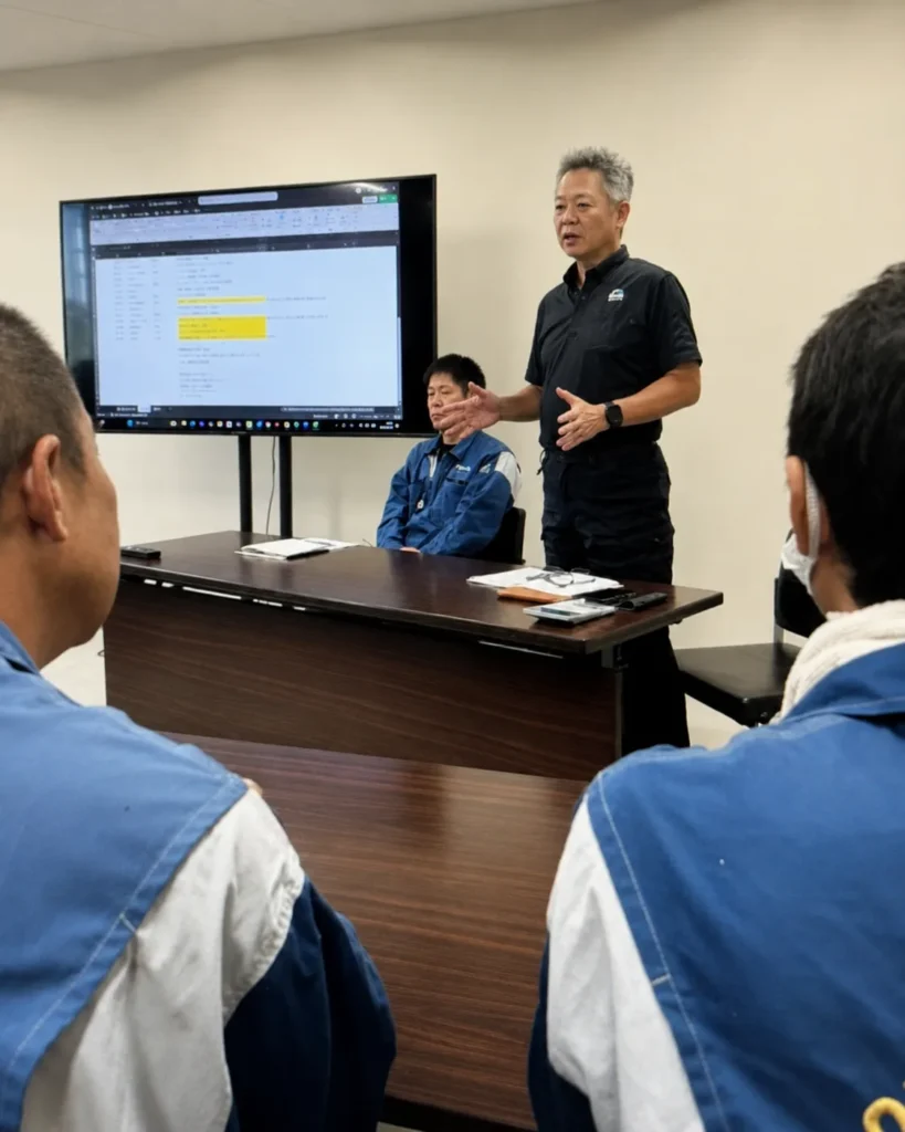 中部第一輸送の安全衛生会議で、担当者がスクリーンに資料を映しながら現場従事者に説明している様